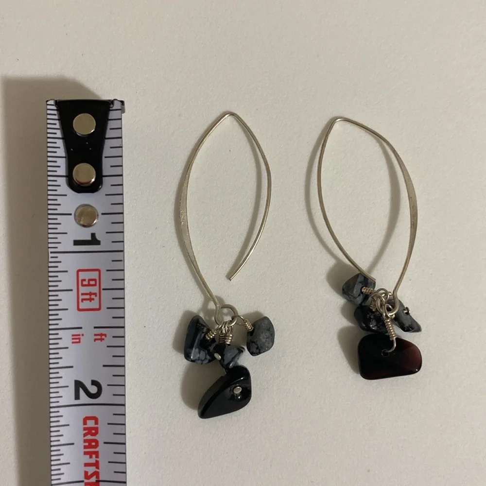 925 Sterling Silver Dangle Earrings w Black Gem Stones